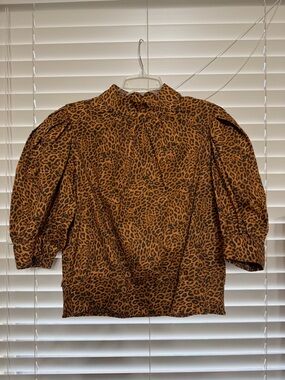 Leopard Print Puff Sleeve Mock Neck Top - Brown INC brand size L Macys